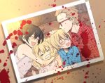  2boys 2girls black_(kekkai_sensen) black_hair blonde_hair blood brother_and_sister closed_eyes fake_mustache family father_and_daughter father_and_son glasses green_eyes hug kekkai_sensen koko_(kotobutyann) long_hair mother_and_daughter mother_and_son multiple_boys multiple_girls photo_(object) short_hair siblings smile twintails white_(kekkai_sensen) 