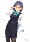  1girl adjusting_hair ayaki black_hair black_legwear blush bow bowtie breasts brown_eyes dated glasses large_breasts long_sleeves looking_at_viewer mole office_lady original pantyhose papers pencil_skirt rimless_glasses short_hair simple_background skirt smile solo vest watch watch white_background 