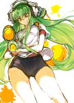  1girl c.c. code_geass creayus green_hair headphones inkling inkling_(cosplay) long_hair looking_at_viewer paint simple_background smile solo splatoon sportswear twintails twitter_username water_gun white_background yellow_eyes 