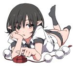  1girl ass black_hair black_legwear black_panties bow dress_shirt hat hat_removed headwear_removed leg_up looking_at_viewer lying on_stomach open_mouth panties pointy_ears pom_pom_(clothes) puffy_sleeves red_eyes shameimaru_aya shirt short_hair short_sleeves simple_background socks solo string tojo_(strit2p) tokin_hat touhou underwear white_background 