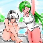  2girls blush breasts closed_eyes frog_hair_ornament green_eyes green_hair hair_ornament hair_ribbon hairband hideki_(itsuki_xx) kochiya_sanae konpaku_youmu legs_folded multiple_girls one-piece_swimsuit open_mouth pool ribbon school_swimsuit short_hair silver_hair smile snake_hair_ornament swimsuit touhou water white_school_swimsuit white_swimsuit 