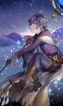  1boy boots cape gloves granblue_fantasy johann_(granblue_fantasy) looking_up mikurou_(nayuta) night night_sky ponytail short_hair silver_hair sitting sky staff star 