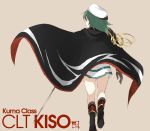  1girl aqua_hair cape character_name from_behind hat kantai_collection kiso_(kantai_collection) kneepits long_hair pleated_skirt remodel_(kantai_collection) sailor_hat skirt solo souji 