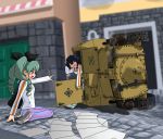  2girls anchovy angry black_hair braid carro_veloce_cv-33 casual closed_eyes crash drill_hair girls_und_panzer green_hair hair_ribbon hand_on_own_head highres long_sleeves military military_vehicle multiple_girls newspaper open_mouth pepperoni_(girls_und_panzer) pointing ribbon shoes sitting sneakers tank track_suit twin_drills twintails vehicle wariza wince yamucya01 