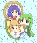  3girls \m/ ahoge autumn_leaves bangs blonde_hair blue_background blush frog_hair_ornament green_eyes green_hair hair_ornament hair_ribbon hair_tubes hairband kochiya_sanae long_hair long_sleeves looking_at_viewer mihune mirror moriya_suwako multiple_girls nichijou one_eye_closed open_mouth parody pyonta red_eyes red_shirt ribbon rope shimenawa shirt short_hair smile snake snake_hair_ornament style_parody tongue touhou turtleneck vest violet_eyes yasaka_kanako 