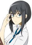  1girl adjusting_glasses black_hair blue_eyes glasses koko_shiguma original simple_background solo upper_body white_background 