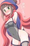  1girl arms_behind_back bare_shoulders blush brown_hair celebi_ryousangata covered_navel fishnets green_eyes hair_bun hamaguchi_ayame idolmaster idolmaster_cinderella_girls leotard open_mouth payot red_scarf scarf solo thigh-highs 