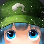  1girl blue_eyes blue_hair bubble face hat kawashiro_nitori looking_up out_of_frame short_hair solo touhou water yaise 