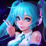  1girl bare_shoulders blue_eyes blue_hair detached_sleeves hatsune_miku headphones ilya_kuvshinov looking_at_viewer necktie smile solo twintails v vocaloid 