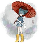  1boy blue_eyes blue_hair boots japanese_clothes l_hakase male_focus oriental_umbrella rain sayo_samonji touken_ranbu umbrella 