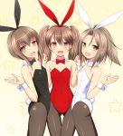  3girls :d animal_ears ass brown_eyes brown_hair brown_legwear bunny_girl bunny_tail bunnysuit detached_collar flat_chest girl_sandwich high_ponytail holding_hands kantai_collection kk-sk-ray leotard light_brown_hair long_hair multiple_girls open_mouth pantyhose ponytail rabbit_ears ryuujou_(kantai_collection) sandwiched short_hair small_breasts smile taihou_(kantai_collection) tail twintails wrist_cuffs zuihou_(kantai_collection) 