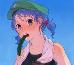  1girl bare_shoulders blue_background blue_eyes blue_hair blush cucumber gradient gradient_background hair_bobbles hair_ornament hat kawashiro_nitori looking_at_viewer low_twintails mouth_hold open_mouth shirt sleeveless solo touhou towel towel_around_neck twintails upper_body uto_(syy_uto) wet 