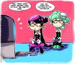  2girls aori_(splatoon) crossed_legs detached_collar domino_mask dress english game_console gloves green_legwear hotaru_(splatoon) long_hair mask multiple_girls nes nintendo nintendo_entertainment_system pantyhose purple_legwear setz short_hair siblings sisters speech_bubble splatoon strapless_dress video_game white_gloves 