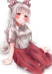  1girl absurdres bare_shoulders blush bow fujiwara_no_mokou hair_bow highres hime_cut long_hair looking_at_viewer pants red_eyes shirt short_sleeves silver_hair sitting solo strap_slip suspenders touhou tress very_long_hair yokozuwari yozakura_retei 