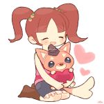  blush brown_hair character_request chiyoko_(oman1229) closed_eyes hair_ornament hat heart kyuntarou open_mouth simple_background sitting twintails white_background youkai youkai_watch 
