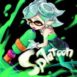  +_+ 1girl black_background brown_eyes copyright_name detached_collar domino_mask dress fang gary_galogio gloves green_legwear hair_rings holding hotaru_(splatoon) object_on_head open_mouth paint pantyhose pointy_ears short_hair silver_hair solo splatoon strapless_dress super_soaker symbol-shaped_pupils white_gloves 