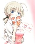  1girl ahoge apron blonde_hair blue_eyes blush braid covering_mouth heart looking_at_viewer lynette_bishop solo strike_witches tsuchii_(ramakifrau) upper_body valentine 