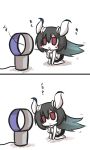  anchorage_water_oni black_hair bladeless_fan blush_stickers chestnut_mouth chibi commentary_request fan gomasamune horns kantai_collection kneeling long_hair open_mouth red_eyes sketch translation_request 