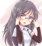  1girl arm_warmers asashio_(kantai_collection) bespectacled black_hair blue_eyes glasses ishimori_sakana kantai_collection long_hair looking_at_viewer open_mouth red-framed_glasses school_uniform smile solo suspenders 