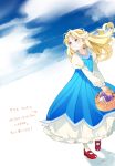  basket blonde_hair blue_dress child dress erina_pendleton food fruit grapes jojo_no_kimyou_na_bouken letter long_hair looking_away mochikin_(jijijin) red_shoes shoes smile translation_request younger 