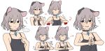  1girl alternate_costume animal_ears blush breast_conscious breast_squeeze breasts camisole character_sheet choker closed_eyes collarbone directional_arrow flat_chest grey_hair hands_on_own_chest jewelry looking_at_viewer mouse_ears multiple_persona nazrin short_hair simple_background speech_bubble sweatdrop tearing_up text tojo_(strit2p) touhou upper_body wavy_mouth white_background 