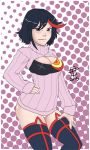  1girl black_hair black_legwear blue_eyes blush boots breasts call_me_po cleavage cleavage_cutout cowboy_shot hand_on_hip hand_on_thigh highlights kill_la_kill light_smile matoi_ryuuko multicolored_hair no_pants nose open-chest_sweater panties pantyshot pantyshot_(standing) polka_dot polka_dot_background ribbed_sweater senketsu solo standing sweater thigh-highs thigh_boots turtleneck underwear white_panties 