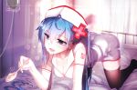  1girl all_fours bai_yemeng bed blue_eyes blue_hair breasts cleavage earrings elbow_gloves gloves hat hatsune_miku jewelry long_hair nurse nurse_cap open_mouth revision solo spoon thigh-highs twintails vocaloid 