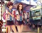  4girls arms_behind_back bag blue_eyes bottle braid brown_eyes brown_hair hairband highres long_hair multiple_girls open_mouth original school_bag school_uniform short_hair skirt smile train train_station vending_machine yokaze_japan 