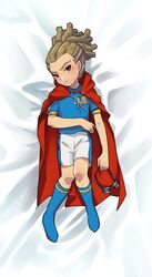  1boy blue_legwear blush brown_hair dakimakura goggles goggles_removed hairlocs inazuma_eleven inazuma_eleven_(series) inazuma_japan kidou_yuuto kneehighs male_focus norun red_eyes short_hair solo 