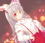  1girl bow fujiwara_no_mokou hair_bow hands_on_hips lowres pf raised_eyebrow red_eyes solo suspenders touhou white_hair 