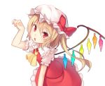  1girl akayan ascot blonde_hair blush flandre_scarlet hat highres open_mouth red_eyes ribbon short_hair side_ponytail simple_background smile solo touhou white_background wings 