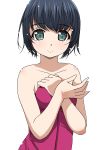  1girl bare_shoulders blue_hair green_eyes highres matsunaga_kouyou naked_towel original short_hair simple_background smile solo towel white_background 