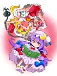  2girls ascot blonde_hair book bow crescent fang flandre_scarlet hair_bow hat highres laevatein long_hair multiple_girls open_mouth patchouli_knowledge purple_hair reading red_eyes ribbon shinapuu short_hair side_ponytail smile touhou upside-down violet_eyes wings 
