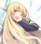  1girl blonde_hair breasts from_behind glasses long_hair looking_at_viewer looking_back perrine_h_clostermann rapier solo strike_witches sword tsuchii_(ramakifrau) upper_body very_long_hair weapon yellow_eyes 