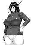  1girl :3 black_hair breasts hand_on_hip highres huge_breasts kantai_collection long_hair looking_down monochrome nagato_(kantai_collection) panties simple_background solo synecdoche thick_thighs thighs underwear white_background 
