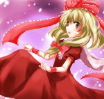  1girl bow dress frills front_ponytail green_eyes green_hair hair_bow hair_ribbon ishimori_sakana kagiyama_hina long_hair open_mouth red_dress ribbon smile solo spinning touhou 