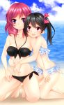  2girls bare_shoulders barefoot beach bikini black_bikini black_hair blush breasts clouds collarbone frilled_bikini frills highres hug looking_at_viewer love_live!_school_idol_project multiple_girls nishikino_maki ocean pink_eyes redhead signature sky squatting swimsuit twintails violet_eyes wakatsuki_you white_bikini white_swimsuit yazawa_nico 