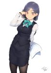  1girl adjusting_hair ayaki black_hair black_legwear blush bow bowtie breasts brown_eyes dated large_breasts long_sleeves looking_at_viewer mole office_lady original pantyhose papers pencil_skirt short_hair simple_background skirt smile solo vest watch watch white_background 