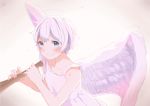  1girl angel angel_wings aqua_eyes blush dress halo kana_(okitasougo222) lavender_hair original short_hair smile solo white_dress wings 