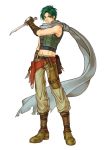  1boy fire_emblem fire_emblem:_akatsuki_no_megami green_eyes green_hair highres holding_weapon kita_senri knife looking_at_viewer navel scarf simple_background solo sothe spiky_hair white_background 