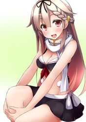  1girl :d bare_shoulders bikini black_bikini black_skirt blonde_hair blush braid breasts cleavage dd_mayohara hair_ornament hair_ribbon hairclip hands_on_knee kantai_collection long_hair looking_at_viewer open_mouth pleated_skirt red_eyes remodel_(kantai_collection) ribbon scarf skirt smile solo swimsuit white_scarf yuudachi_(kantai_collection) 