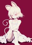  1girl albino alternate_costume animal_ears barefoot blush dress highres ishikkoro looking_at_viewer looking_to_the_side mouse_ears mouse_tail nazrin open_mouth red_background red_eyes short_hair simple_background sitting sleeveless smile solo spot_color tail touhou white_hair 