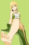  1girl arm_support barefoot blonde_hair crop_top feet gloves green_background green_gloves highres koko_shiguma long_hair looking_at_viewer midriff original pov_feet simple_background single_boot solo yellow_eyes 