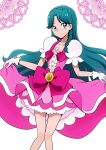  1girl bakusai blue_eyes blue_hair bow braid cosplay cure_flora cure_flora_(cosplay) gloves go!_princess_precure kaidou_minami long_hair pink_bow pink_skirt precure puffy_sleeves skirt skirt_lift smile solo white_background white_gloves 