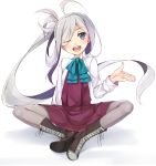  1girl ;d ahoge asashimo_(kantai_collection) boots bowtie cross-laced_footwear grey_eyes grey_legwear hair_over_one_eye highres kantai_collection lace-up_boots long_hair long_sleeves looking_at_viewer one_eye_closed open_mouth pantyhose ponytail school_uniform silver_hair simple_background sitting skirt smile solo toki/ white_background 