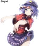  1girl blue_eyes blue_hair hat jiangshi looking_at_viewer miyako_yoshika ofuda open_mouth outstretched_arms shirt short_hair short_sleeves simple_background skirt solo star touhou twitter_username upskirt white_background wowoguni zombie_pose 