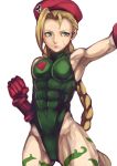  1girl abs beret blonde_hair blue_eyes bodypaint braid breasts cammy_white camouflage chienon fingerless_gloves gloves hat leotard long_hair muscle scar solo street_fighter thick_thighs thighs twin_braids 