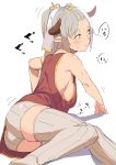  1girl :o aleeza_(granblue_fantasy) arm_support ass breasts granblue_fantasy horns level.21 long_hair looking_away lying no_bra on_side ponytail red_eyes ribbed_legwear shorts sideboob silver_hair solo sweat thigh-highs 