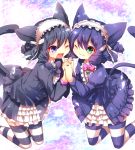  2girls ;3 ;d animal_ears bell black_hair blue_hair bowtie cat_ears cat_hair curly_hair cyan_(show_by_rock!!) enonimikulen fang frilled_skirt frills holding_hands interlocked_fingers multiple_girls one_eye_closed open_mouth short_hair show_by_rock!! skirt smile striped striped_legwear thigh-highs 