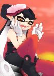  +_+ 1girl :d aori_(splatoon) blush brown_eyes detached_collar domino_mask earrings eyebrows fangs gloves hand_on_own_cheek hand_on_own_face jewelry long_hair looking_at_viewer mask mole mole_under_eye nigo_(aozoragarou) open_mouth pantyhose pointy_ears red_legwear sitting smile solo splatoon symbol-shaped_pupils tentacle_hair thick_eyebrows unitard white_gloves 